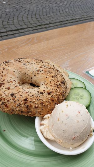 Vegan cream cheese in an everything bagel at Bagels & Beans in Maastricht