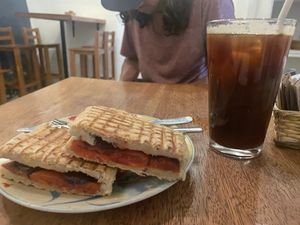 Focaccia and iced coffee  at La Rabona Peruvian Deli in Cusco