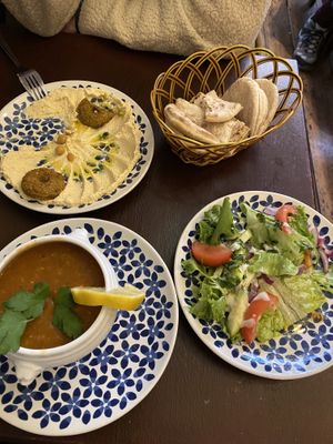 Starters including hummus, salad and a chickpea soup  at Marrakech Artisan in Hastings