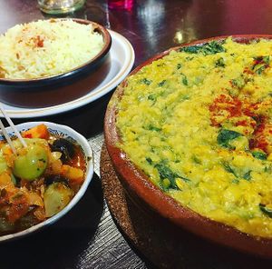 Lentil, spinach and coconut dhal with rice.  at Marrakech Artisan in Hastings