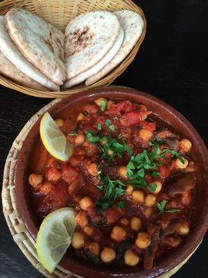Chickpea tagine and pita bread  at Marrakech Artisan in Hastings