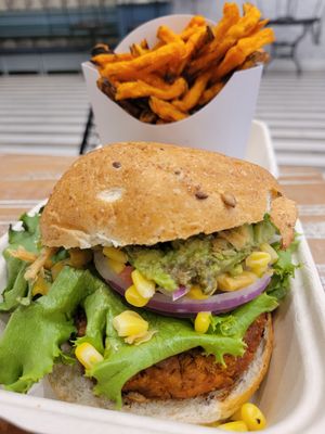 Guacamole burger with sweet potato fries at Beatnic - Rockefeller Plaza in New York City