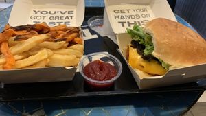 1/2 Sweet Potato Fries 1/2 Regulas Fries & BBQ Burger  at Beatnic - Rockefeller Plaza in New York City