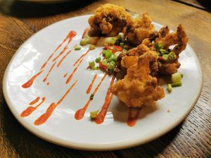 Spicy buffalo cauliflower wings, siracha mayo at The Old Bicycle Shop in Cambridge