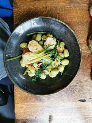 Pan-fried spinach gnocchi, miso butter, bok choi, green beans, toasted sesame, crispy shallots at The Old Bicycle Shop in Cambridge