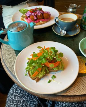 GF avocado on toast & falafel flatbread   at The Old Bicycle Shop in Cambridge