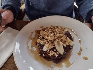 Banana chocolate pancakes at The Old Bicycle Shop in Cambridge
