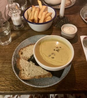 Cauliflower soup, GF bread & chips   at The Old Bicycle Shop in Cambridge
