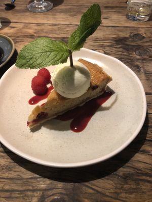 Raspberry and frangipane tart  at The Old Bicycle Shop in Cambridge