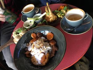 Delicious mixed platter and sweet potato pancakes.  at The Old Bicycle Shop in Cambridge