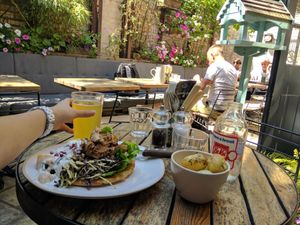 Posh Kebab of Jerk Jackfruit and coriander and ginger slaw topped with coconut and mango raita [£12.50] - Vegan at The Old Bicycle Shop in Cambridge