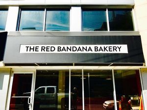 Front door on Wisconsin Avenue at The Red Bandana Bakery in Bethesda