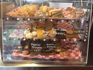 bakery case. center row is vegan. at The Red Bandana Bakery in Bethesda