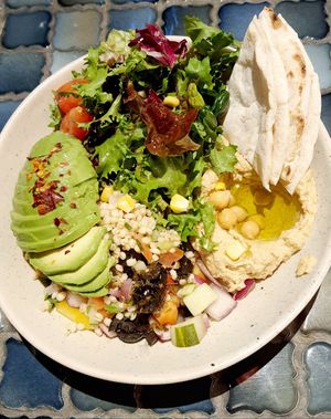 Avocado Hummus Salad (pita bread contains milk) at Hummus Kitchen at Parnas Mall in Seoul