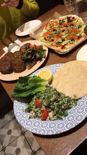 Three different types of falafel, taboulih and hummus Avocado pita at Hummus Kitchen at Parnas Mall in Seoul