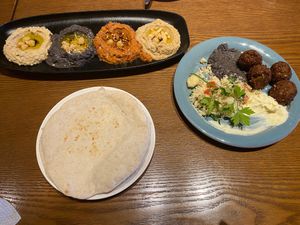 Hummus platter, pita bread, and falafel  at Hummus Kitchen at Parnas Mall in Seoul