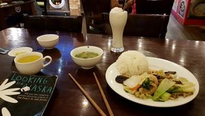 Vegetables with rice and coconut shake. at Hoa Sen - Nguyen Van Cu in Da Lat