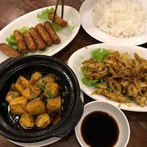Spring rolls, tofu with mushrooms in black pepper sauce, a dish called “fried pies” or something? at Hoa Sen - Nguyen Van Cu in Da Lat