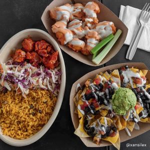 Chicken & rice bowl, bang bang cauliflower wings, and loaded nachos. at Earth to Us  in Durham
