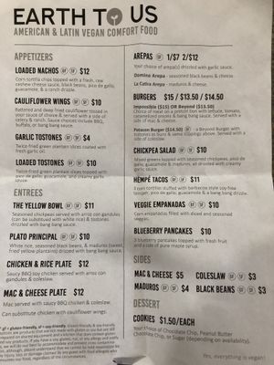 Menu as of April 6 2019. Everything is vegan. at Earth to Us  in Durham