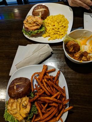 The impossible burgers, Mac n cheese, sweet potato fries, and fried cauliflower bites at Earth to Us  in Durham