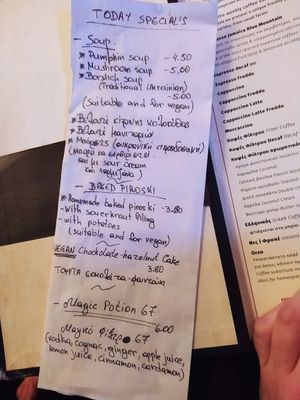 Daily menu including clearly marked vegan options at Cafe Bar 67 in Athens