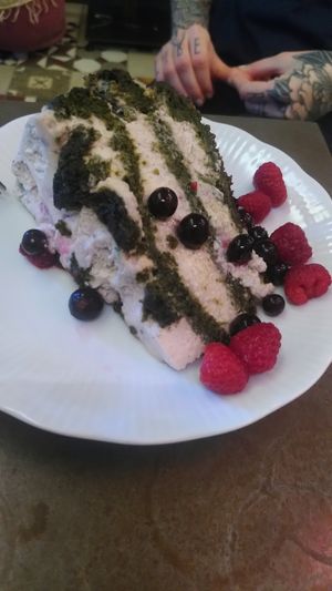 Vegan cake with coconut creme and spinach. A bit of Stevia instead of sugar. Delicious at Cafe Bar 67 in Athens