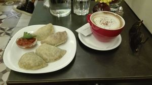 vegan piroski and vegan cappuccino at Cafe Bar 67 in Athens