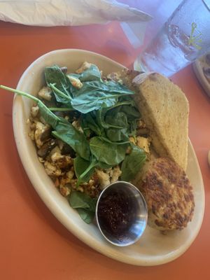 Tofu scramble + fresh spinach (don’t eat the toast, not vegan)  at Snooze - Larimer St in Denver
