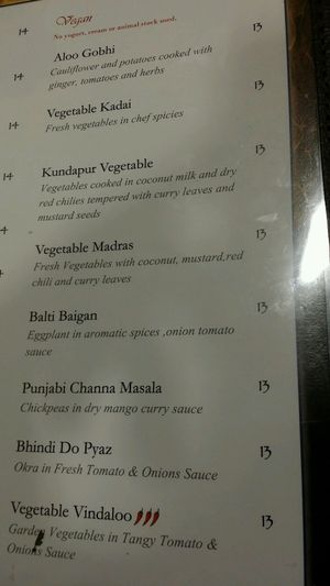 vegan menu section at Taal Indian Cuisine in West Melbourne