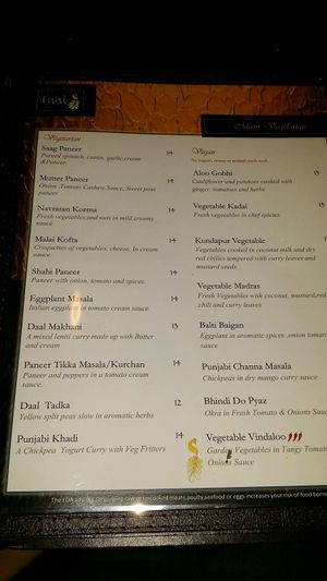 vegetarian vegan menu section at Taal Indian Cuisine in West Melbourne