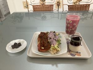 Breakfast including vegan chocolate treats (that I liked and then got a pack of it as a present, so nice!)  at Loving Hut Paradise Island in Penghu