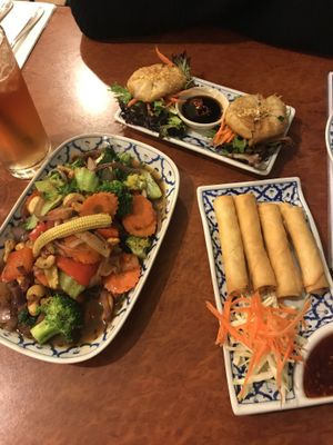 Tofu cashew nut stir fry, chive dumplings and Lady finger rolls  at Madame K's Vegetarian - Williamstown in Williamstown