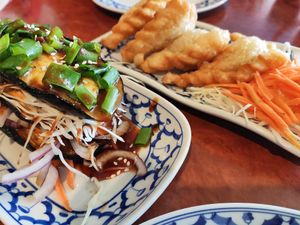Miso glazed eggplant and curry puffs. at Madame K's Vegetarian - Williamstown in Williamstown