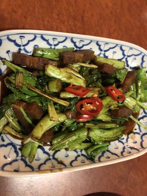 Crispy pork with Chinese broccoli (vegan!) at Madame K's Vegetarian - Williamstown in Williamstown