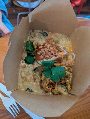 special curry plate which came with pakora and samosa as well at Small Mart in New Orleans