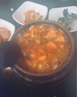 Sizzling spicy tofu mushroom soup!  at Soon's Tofu in Foster City