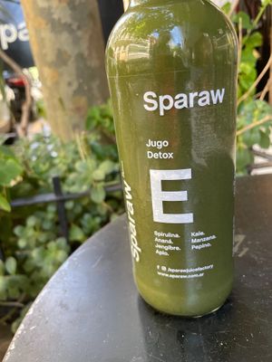 This juice is soo good and tasty. Spirulina + pineapple + ginger + celery + kale + apple + cucumber at Sparaw - Recoleta in Buenos Aires
