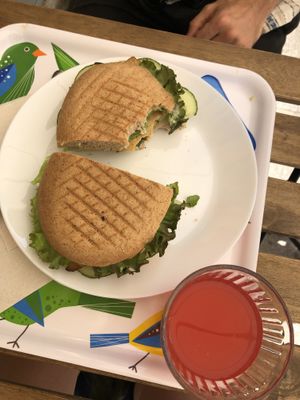 Sandwich with homemade bread and raspberry juice  at Avokado in Koper