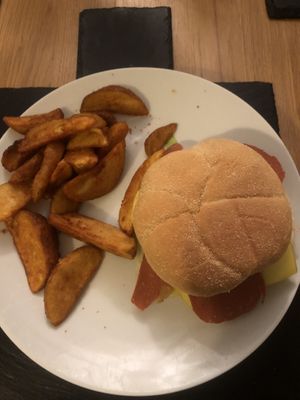 Mega Burger (with Vegan cheese) and Wedges (takeaway)  at Mr Singh's in Wolverhampton