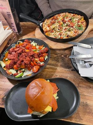 Tikka salad, vegan burger & (vegetarian) tikka paneer pizza at Mr Singh's in Wolverhampton
