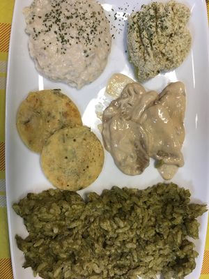 Cannellini bean hummus, tofu dip, chickpea frittata, seitan tonné and asparagus risotto at Al Mangiar Sano in Mortara