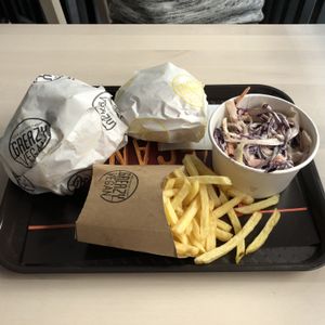 Vacon double cheeseburger, cheeseburger, fries and coleslaw  at Greazy Vegan in Cardiff