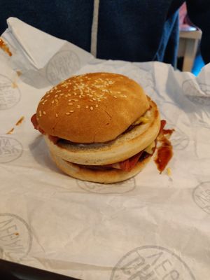 double cheese and bacon burger at Greazy Vegan in Cardiff