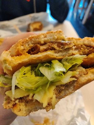 inside the big moc burger at Greazy Vegan in Cardiff