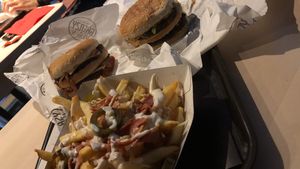 Fakon cheeseburger, big moc and loaded fries  at Greazy Vegan in Cardiff