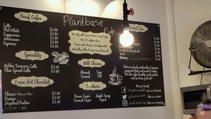 Menu board at Plantbase Cafe in South West London