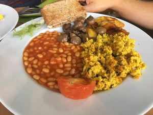 Breakfast with plantain at Plantbase Cafe in South West London