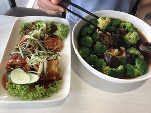 Thai style tofu and broccoli with mushroom  at New Vege 新素 in East Singapore