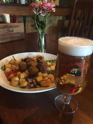 Falafel Salad and Birra Moretti at Castle Inn in Criccieth